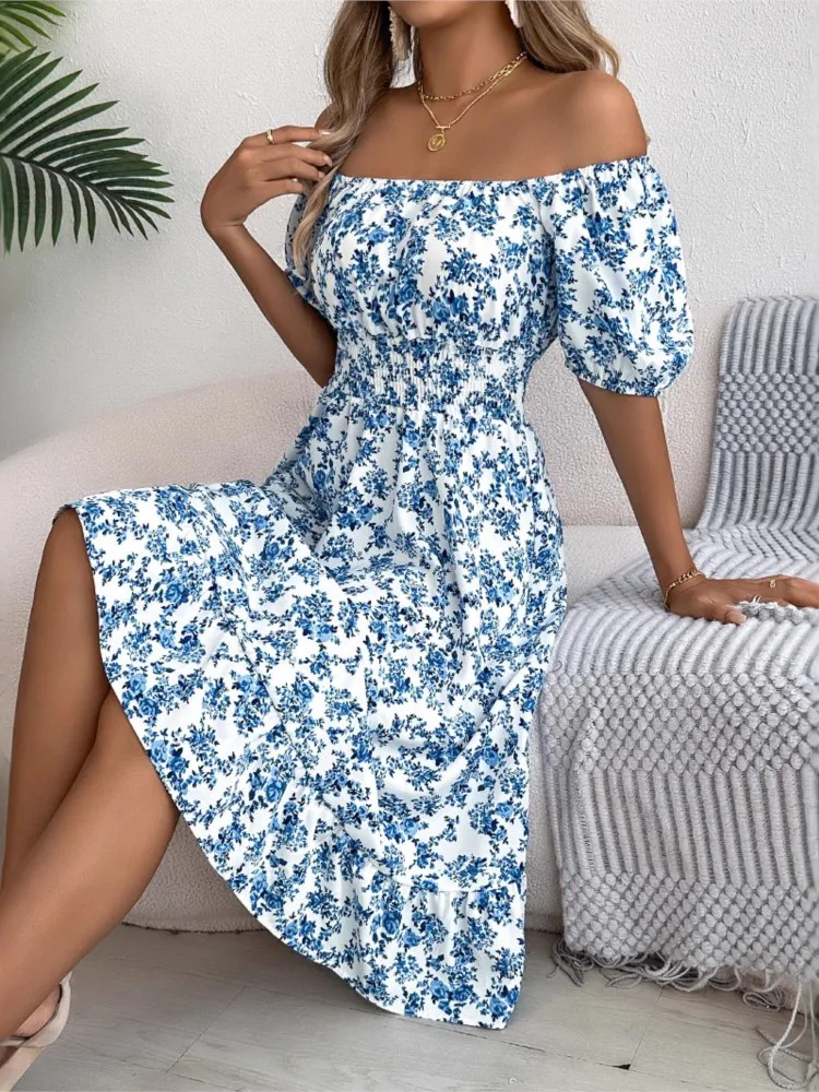 Floral Square Collar Dress Spring Summer Short Sleeved Pleated Waist Ruffle Edge A-line Skirt Mid Length Skirt Women's Clothing