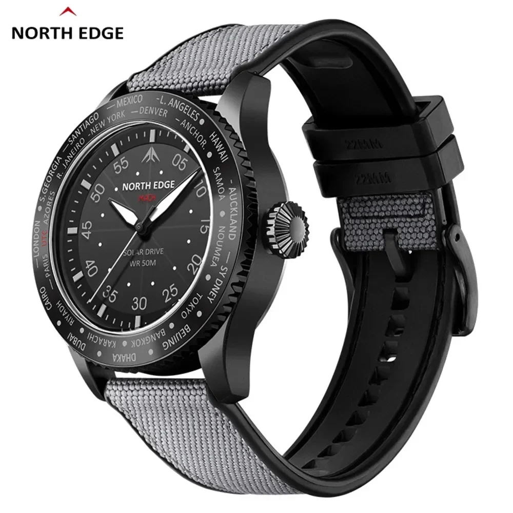 North Edge Uhren für Herren Mach 2024 neue Desgin Solar betriebene Uhr Dual Time Zone wasserdichte TPR Nylon armband Pilot Herren uhr