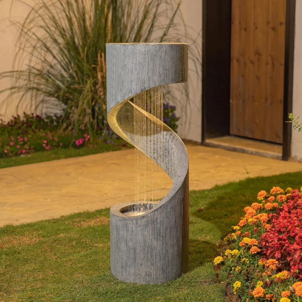 

Outdoor Fountain with LED Light, Oversized Spiral Water Fountain Outdoor with Stone Planter, Modern Curved Waterfall