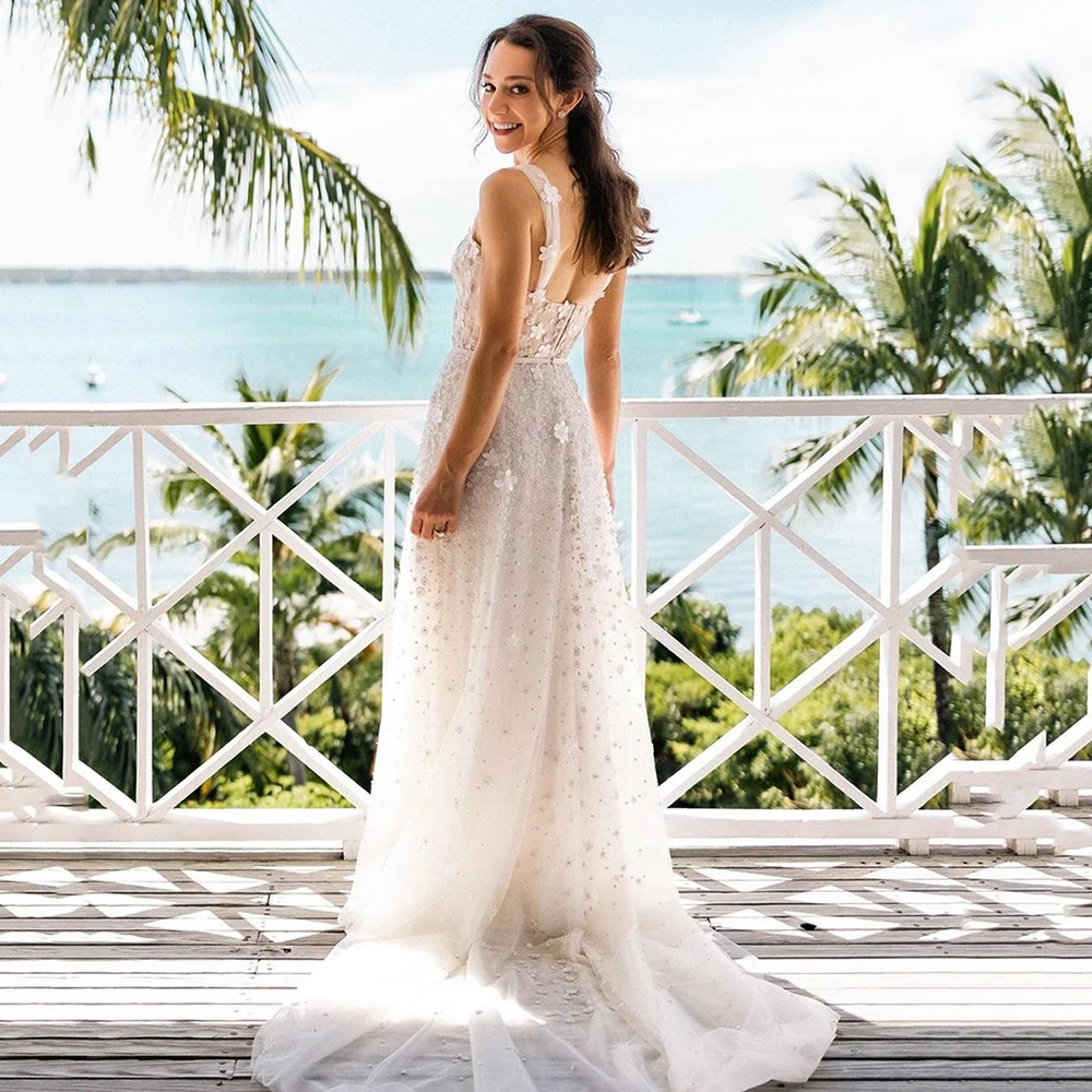 

Msikoods Glitter 3D Flowers Wedding Dresses Vintage Shiny Square Collar Backless Bridal Gowns 2024 Beach Women Bride Dress