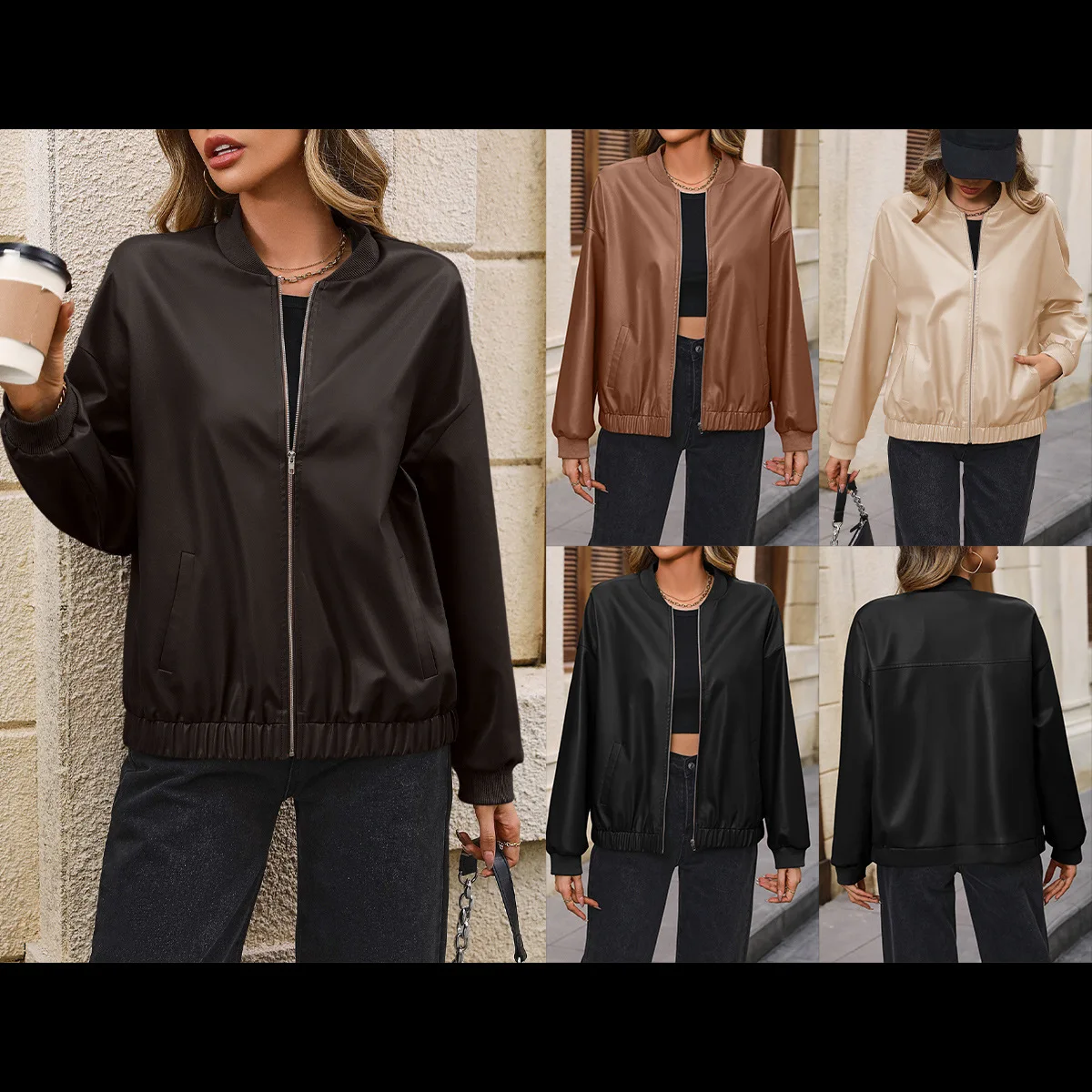 

Повседневная женская куртка из искусственной кожи с высоким воротником, на молнии, в мотоциклетном стиле, верхняя одежда из других материалов