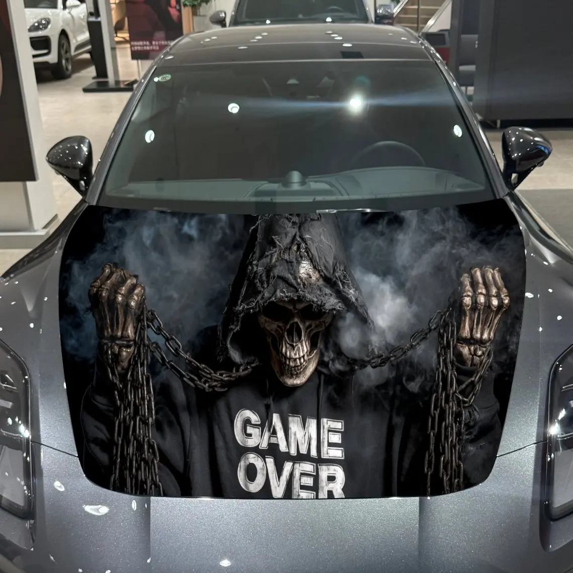 

GAME OVER Grim Reaper Dark Adventure PVC Car Hood Wraps, Self-Adhesive Waterproof Car Bonnet Decal Sticker, Car Decoration Prote