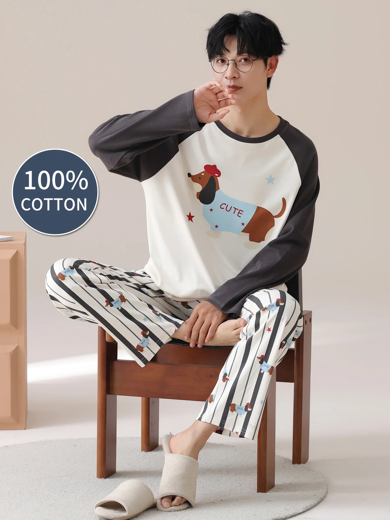 Men's 100% cotton long sleeved four season plus size men's sleepwear, teenage pure cotton home suit set for warmth