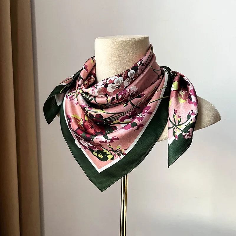 Квадратный шарф из 100% чистого шелка для женщин, элегантные шелковые шарфы с цветочным принтом, женские осенние винтажные теплые платки для шеи