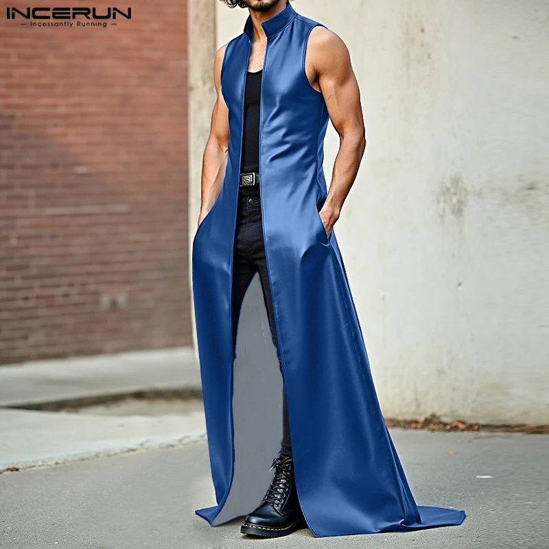 

INCERUN Men Long Style Vests Stand Collar Sleeveless PU Leather Casual Male Waistcoats Streetwear Open Stitch Fashion Cardigan