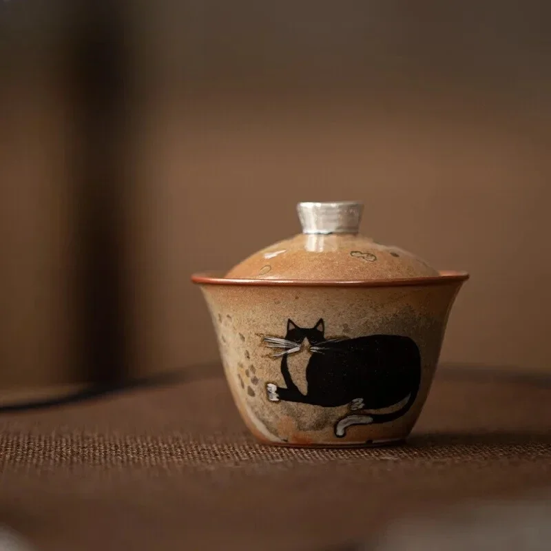 100ml Japanese Kiln Change Zhiye Cat Gaiwan Handmade Silver Wood-fired Tea Porcelain Tureen Tea Maker Cover Bowl Cha Decoration