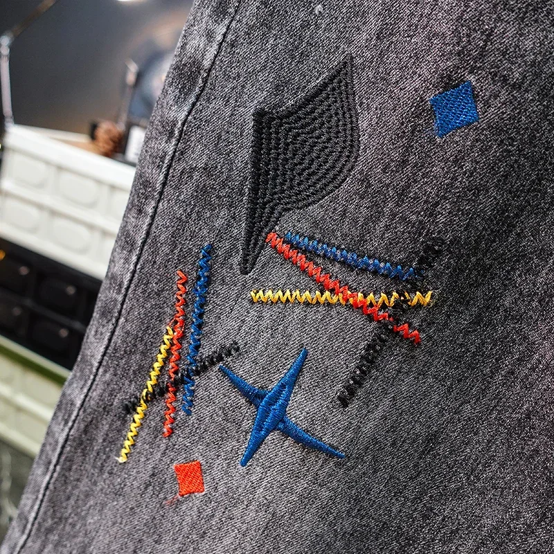 Popปักกางเกงยีนส์กางเกงขาสั้นผู้ชายฤดูร้อนใหม่แฟชั่นStreetwear Starพิมพ์ตรงSlimความยืดหยุ่นเบอร์มิวดาสั้นกางเกงชายJean