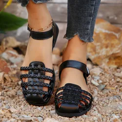 Rome Sandals Women 2024 Summer New Retro Closed Toe Hollow Ladies Flat Beach Sandals Plus Size Female Casual Cover Heel Sandals