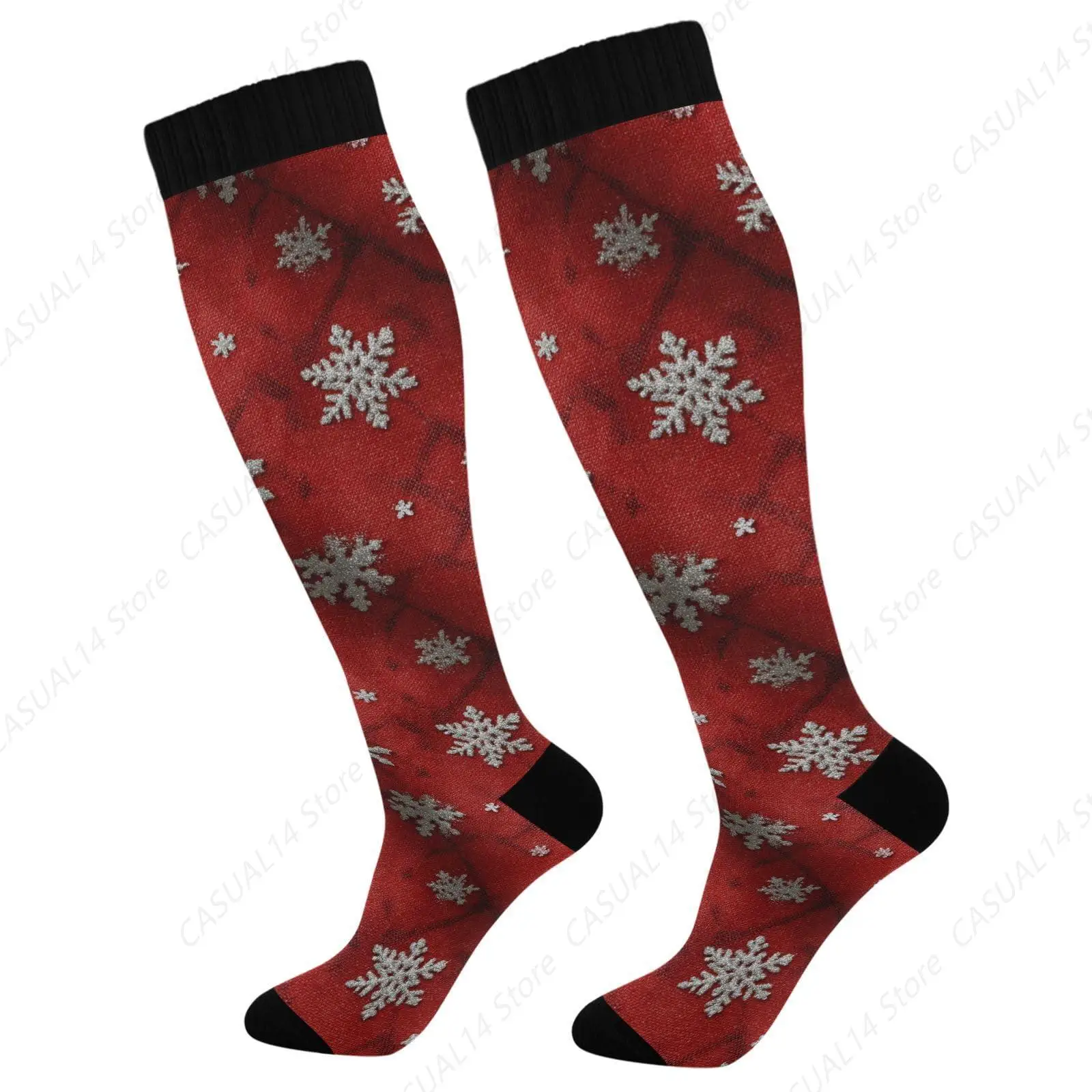 

Red Sliver Snowflakes Compression Socks For Women Men Support Socks For Nurse, Travel, Flight For Christmas Gift