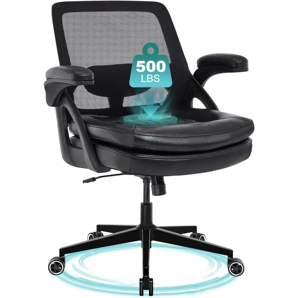 

500lbs Mesh Heavy Duty Ergonomic Desk Chair with Flip-up Armrests, Plus Size Wide Seat in PU Leather