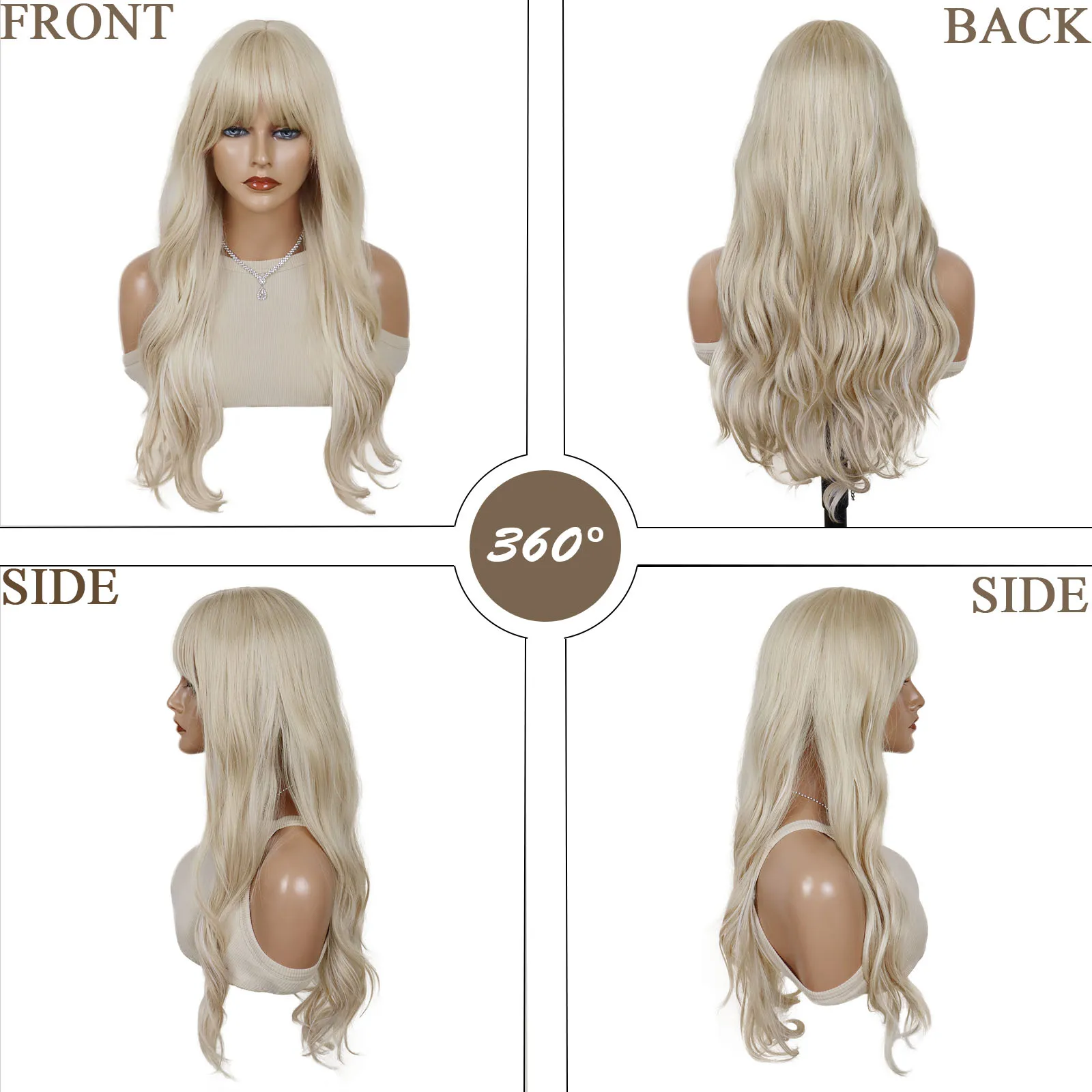 Syntetyczna blond peruka z grzywką dla kobiet, długa kręcona falowana peruka odporna na ciepło dla dziewcząt, do codziennego użytku, na imprezy, Halloween, cosplay