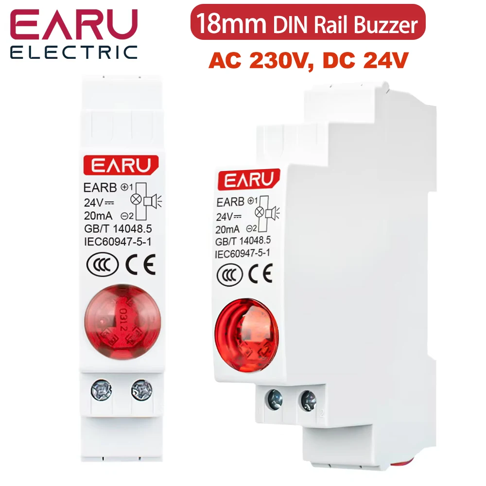 18mm DIN Rail LED Signal Lamp with Buzzer. Flash Alarm Indicator Light AC 220V DC 24V Audible Visual Pilot Light Red