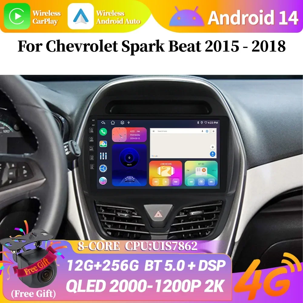 Android 14 For Chevrolet Spark Beat 2015 - 2018 Car Radio RDS ADAS Multimedia QLED DSP Navigation GPS Wireless Carplay autoradio