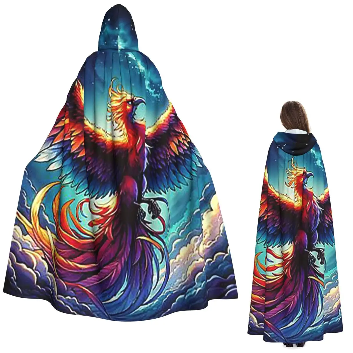 

Красочный длинный плащ с капюшоном Majestic Phoenix, средневековый костюм ведьмы, накидка для косплея, пальто на Хэллоуин для взрослых, унисекс