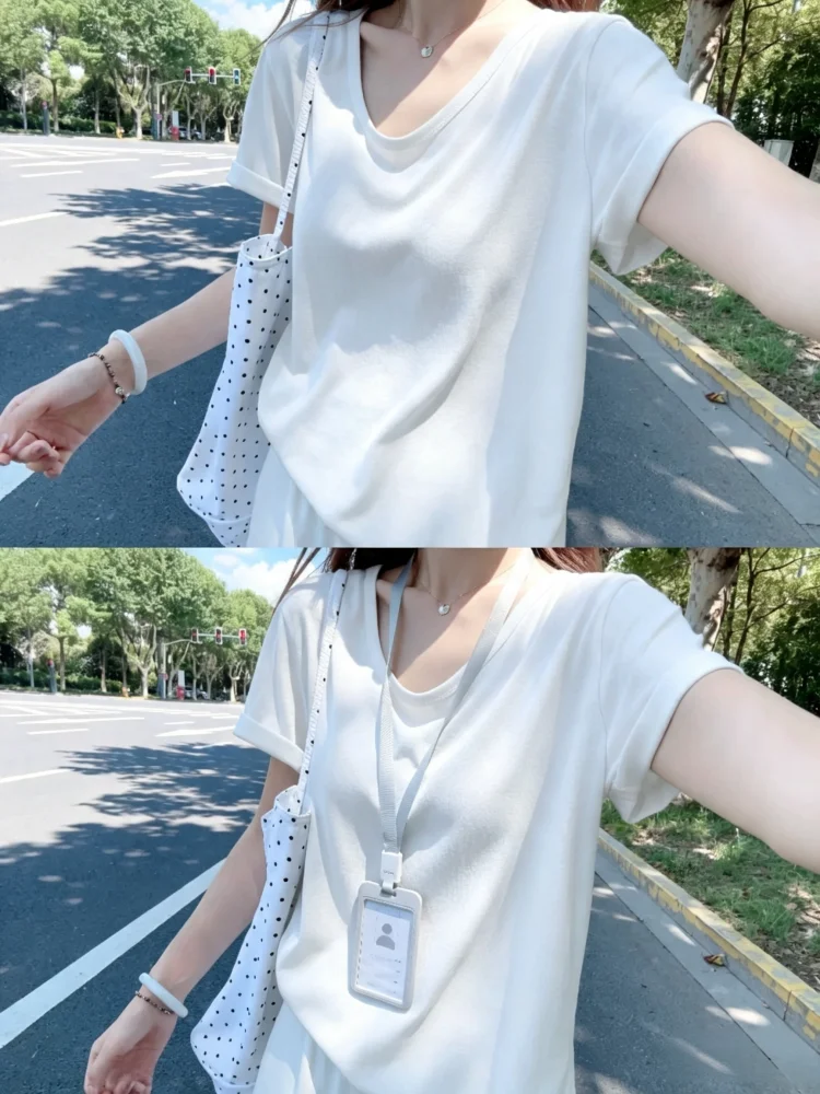 Ice Silk Snowflake Cotton Short Sleeve T-Shirt Women's Summer New Large Size Loose Slimming V-neck  Thin Top