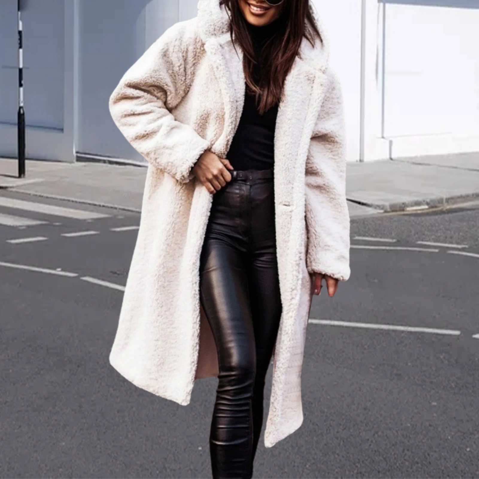 2024 Spring Wool Women\'s Long Coat Black Hooded Pocket Thick Warm Jacket Female Fleece New Trench Trendy Fashion Ladies Clothes
