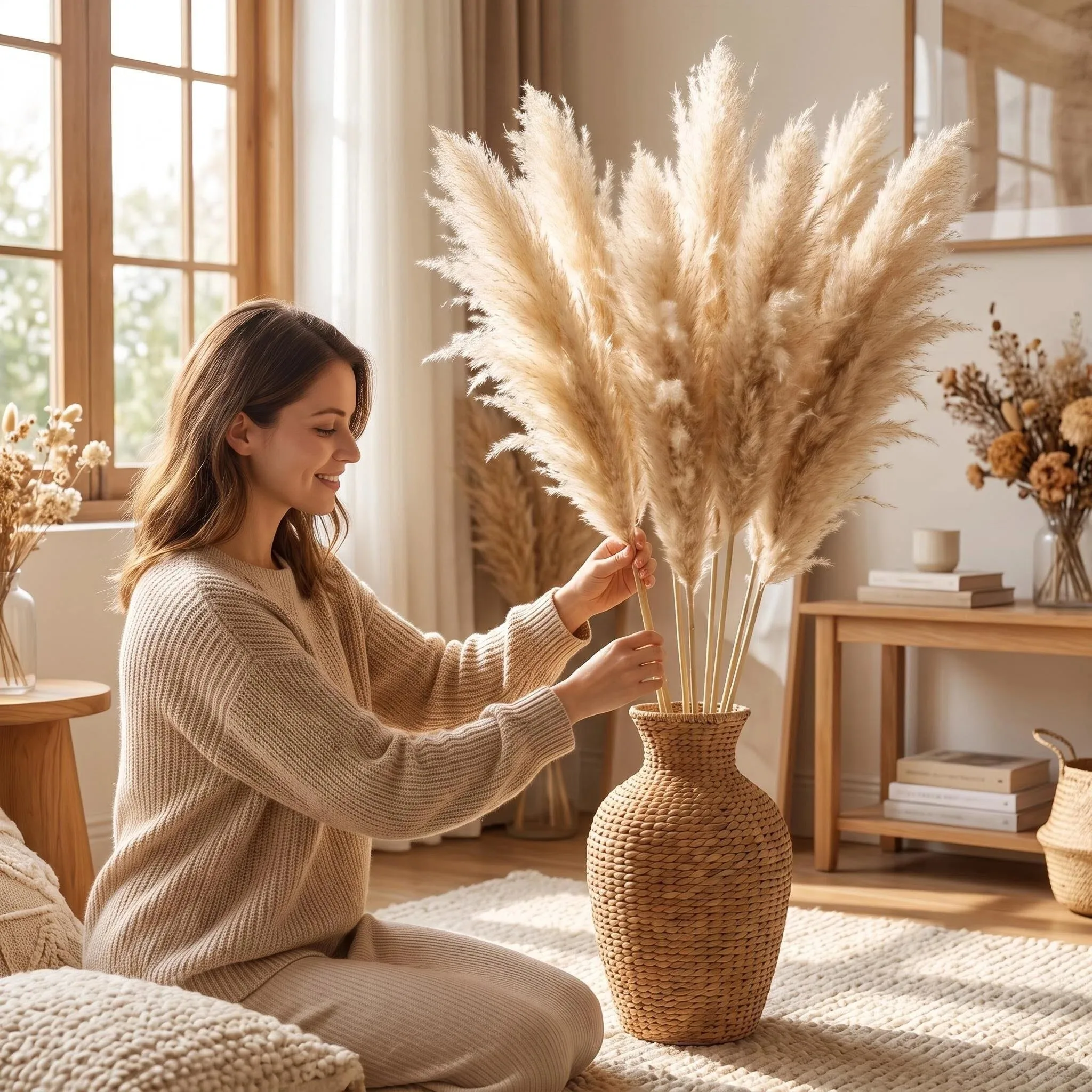 16 Stems 40in Pampas Grass Natural Dried Fluffy Plumes Decorative Stems Bouquet For Wedding Party Halloween Boho Rustic Farmhouse Home Decoration Fall Autumn Interior Decor Floor Vase Tall Large - view 7