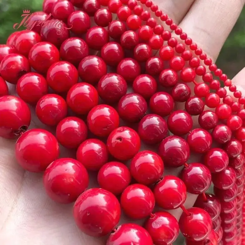 Natural Red Coral Round Shape Stone Beads Strand 15\