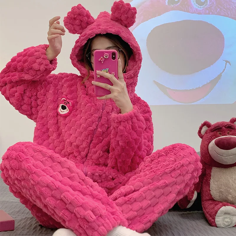 

Новые плюшевые пижамы с персонажем мультфильма Лотсо для женщин, осенне-зимние, толстые, с капюшоном, мягкие, теплые, удобные, комплект