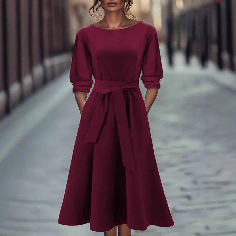 Abiti da festa con lacci a vita alta solidi alla moda semplice Donna Elegante abito a trapezio con tasca o collo Abito lungo Boho con maniche a 3/4 autunnali