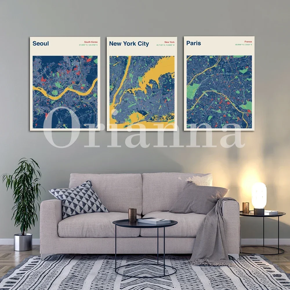 Seattle Amsterdam Camden Town Seoul Barcelona Moscow Florence Italy Seville Paris New York Map Canvas Colour Map Print