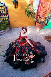 Vestido negro con rojo de Quinceanera Dresses Off Shoulder 3D Floral Embroidery Puffy Skirt Charro Mexicano Sweet 15 gown