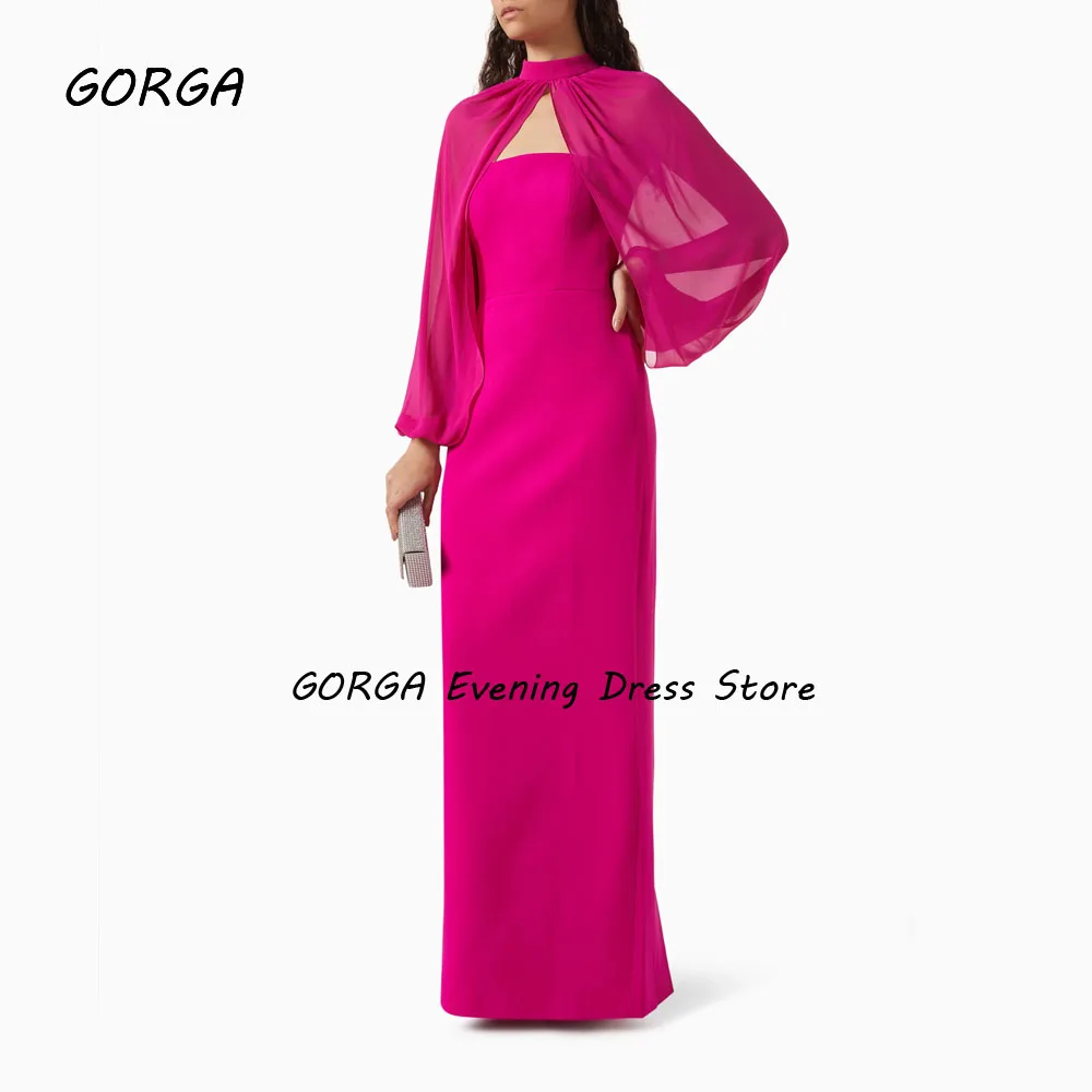 GORGA Simple Fuchsia Strapless Mermaid 2024 Slim Crepe Chiffon Long Sleeves Ocassion Gown Floor-Length Formal Evening Dress