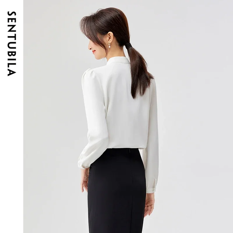 SENTUBILA Classic Solid Office Lady Women Shirt 2024 Autumn Straight Ribbon Collar Puff Sleeve Simple Women Tops 143C57856X