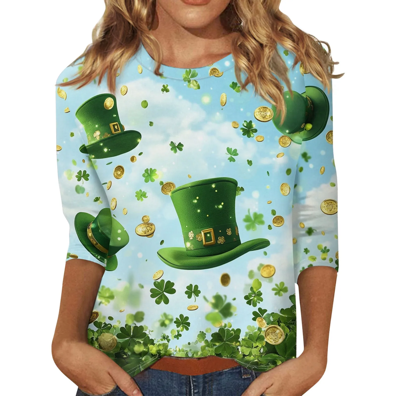 arcane St. Patrick Style Clover printed Women's T-Shirt 3/4 Sleeve O-Neck Festival Wear 2024 Women T-Shirt Loose ropa mujer