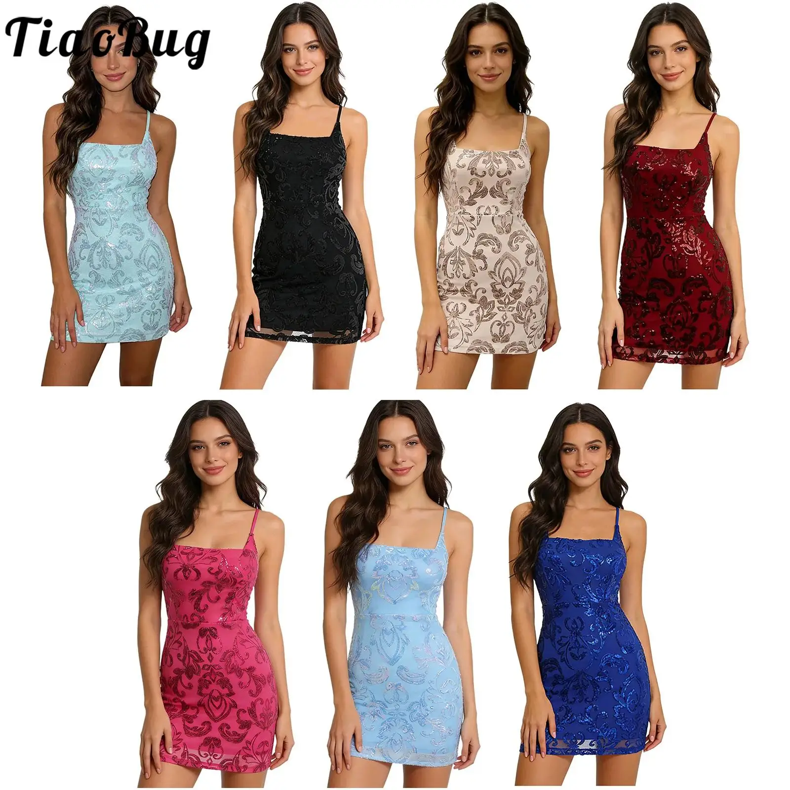 Mode femmes paillettes maille florale Mini robe Raves Clubwear col carré à lacets entièrement doublé robe moulante pour fête de mariage