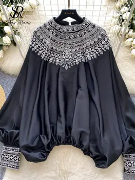 SINGREINY Podzimní flitrovaná vintage saténová halenka pro ženy s netopýřími rukávy a korálky, elegantní volné topy, vysoce kvalitní seniorské prázdninové topy 10 nejlepší prodej halenka s flitry - №2