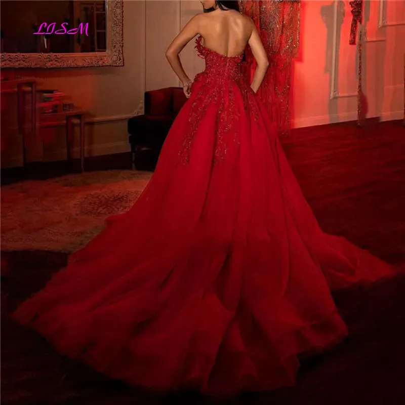 Longue robe de soirée rouge élégante, sans manches, paillettes brillantes, robes de bal Sexy fendues en Tulle, robes de soirée formelles pour femmes