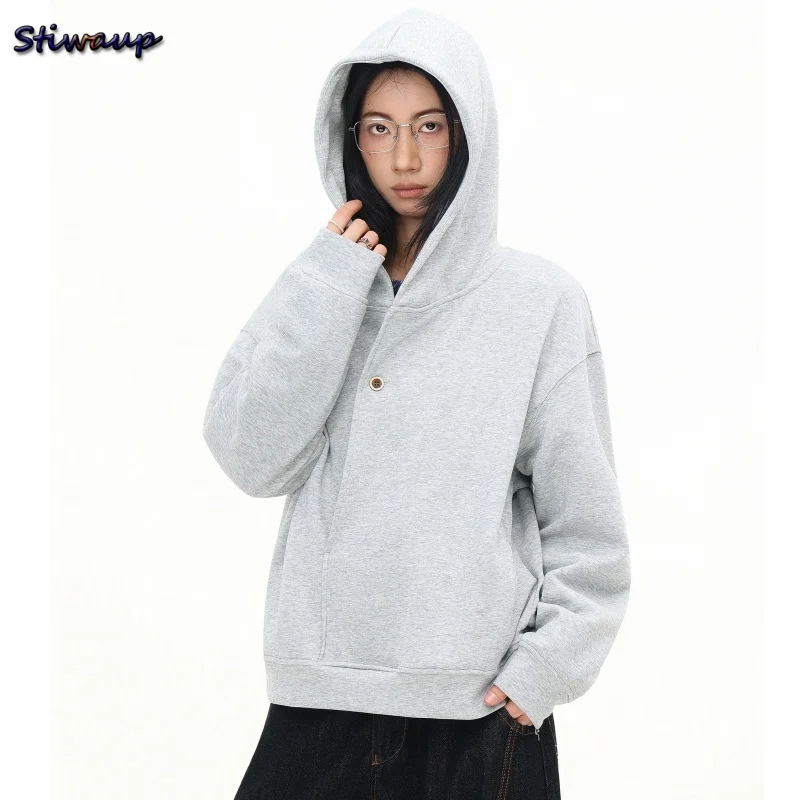 

Женская толстовка с капюшоном Y2K, японская уличная одежда, серый минималистичный пуловер 2000-х годов, осенний повседневный модный пуловер с длинными рукавами
