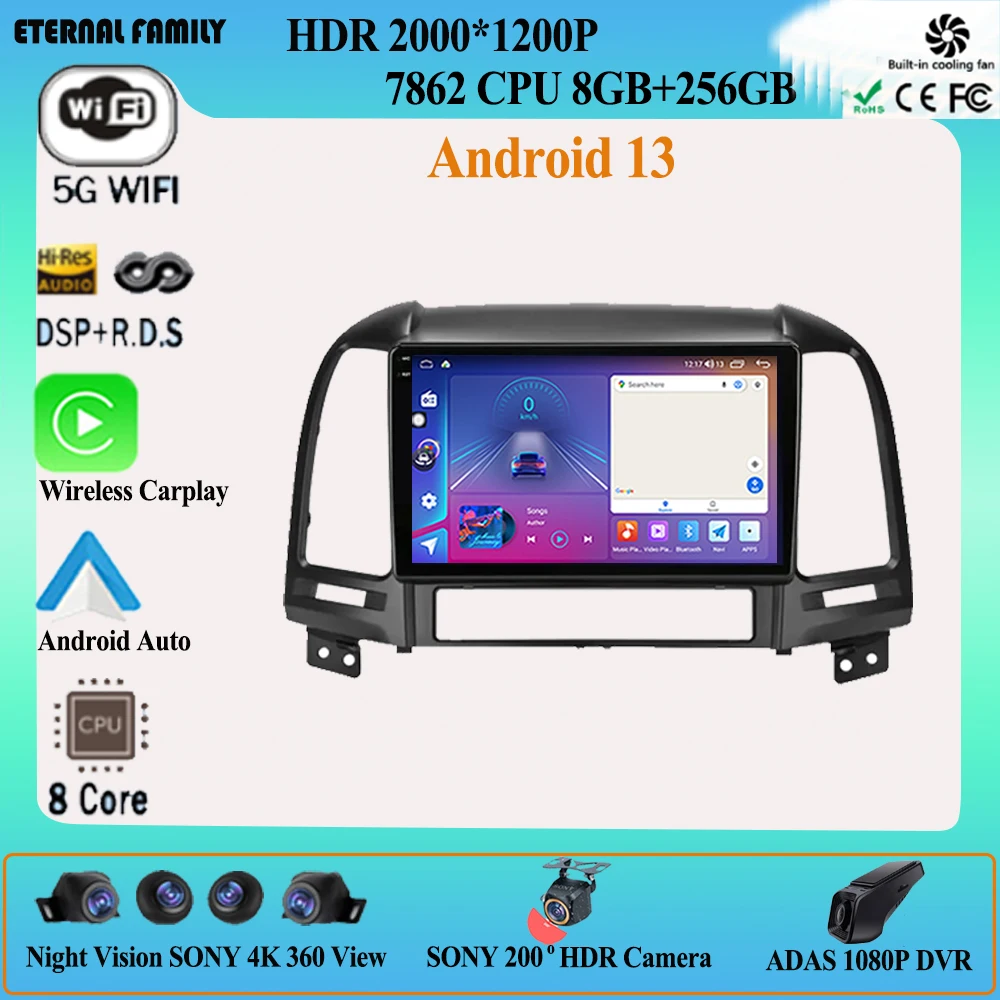 

9" 4G Carplay DSP 2din Android 13.0 Car Radio Multimedia Player GPS Navigation For Hyundai Santa Fe 2 2006-2012 Head Unit