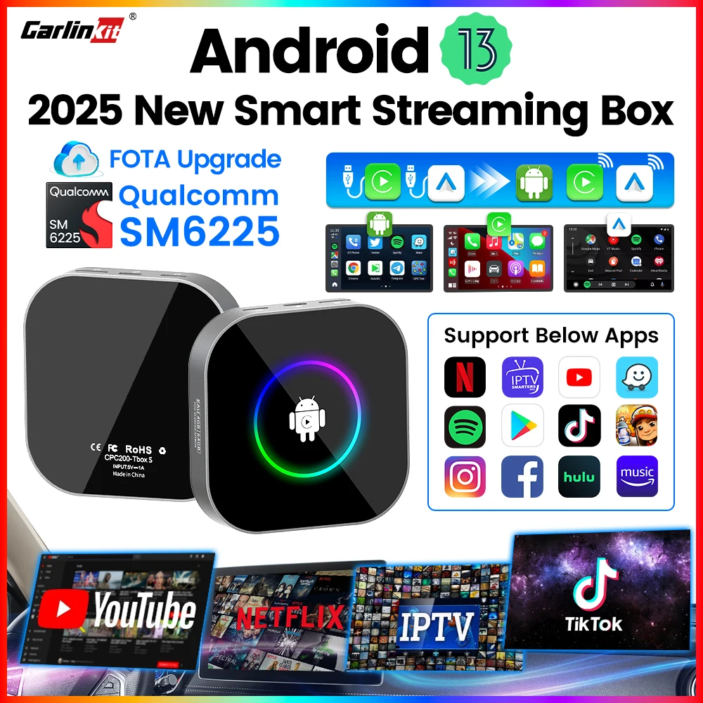 Nuovo 2025 Carlinkit Android 13 CarPlay R2 Box Wireless CarPlay Android Auto TV Video Box Qualcomm SM6225 Schermo diviso a 8 core FOTA