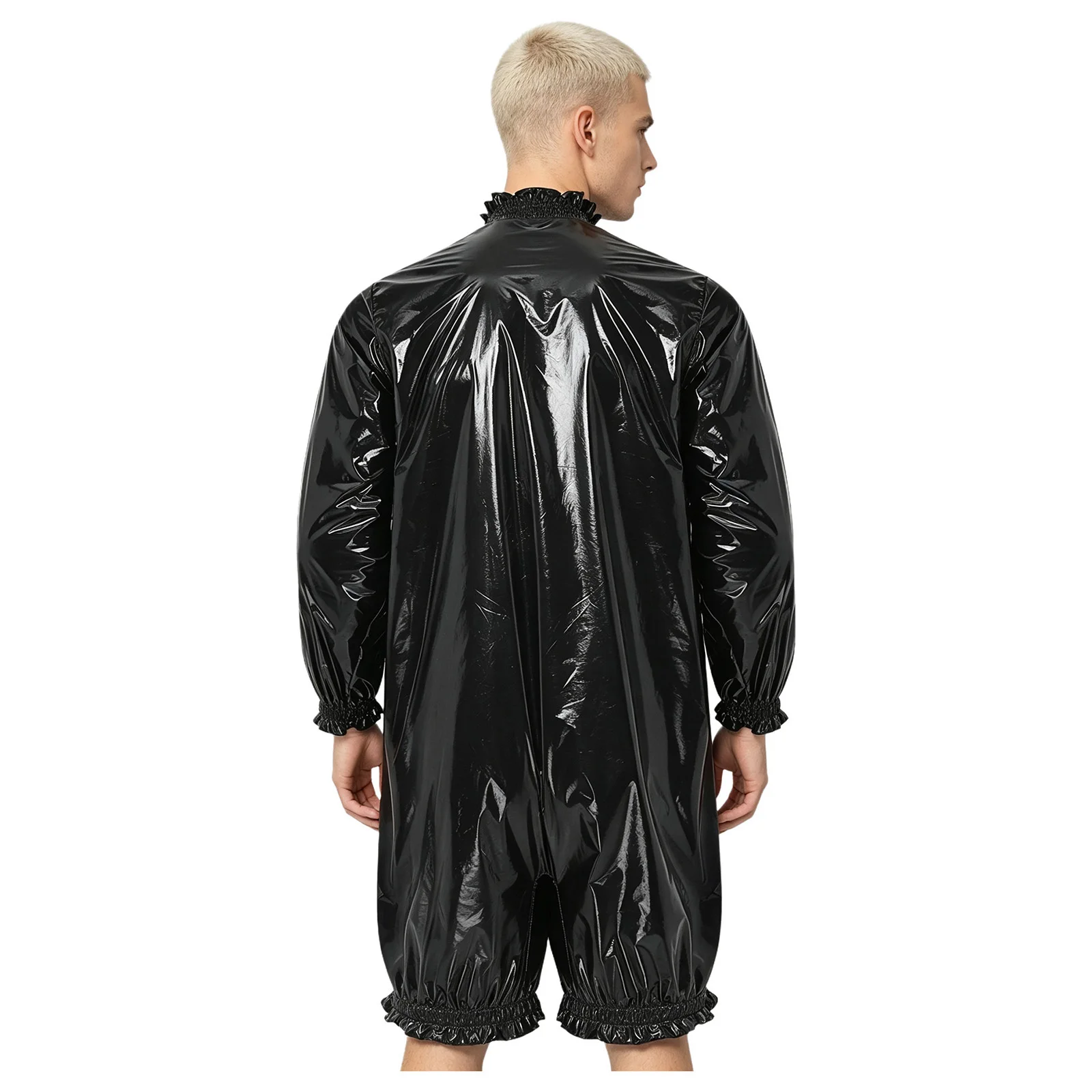 Herren Wasserdichter Vinyl-Bodysuit Badeanzug Langarm Vorderer Reißverschluss Kurze Hose Leotard Overall Gerüschter Windelüberzug Einteiler – Detail 12