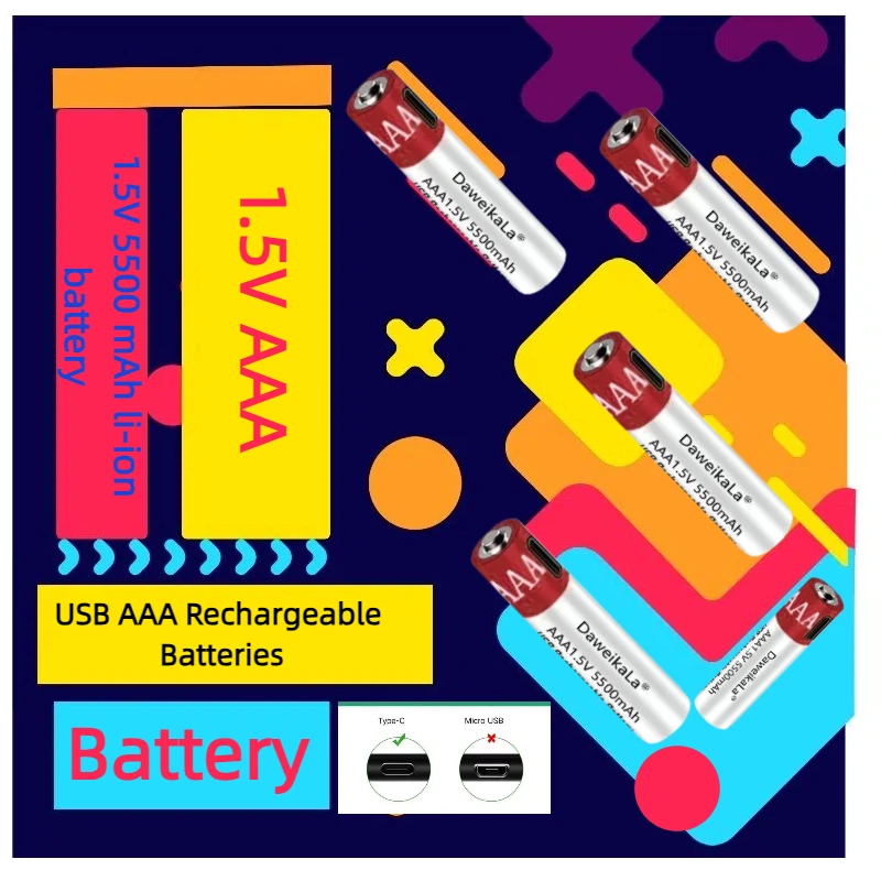 

New USB AAA Rechargeable Batteries 1.5V 5500 MAh Li-ion Battery for Remote Control MouseElectric Toy Battery + Type-C Cable