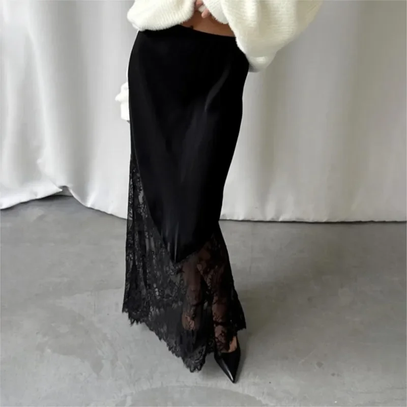 All Seasons Of Lace Skirts 2025 New Casual High Waist White/black Satin Lace Patchwork Elegant Classic Long Skirt Robe Femme