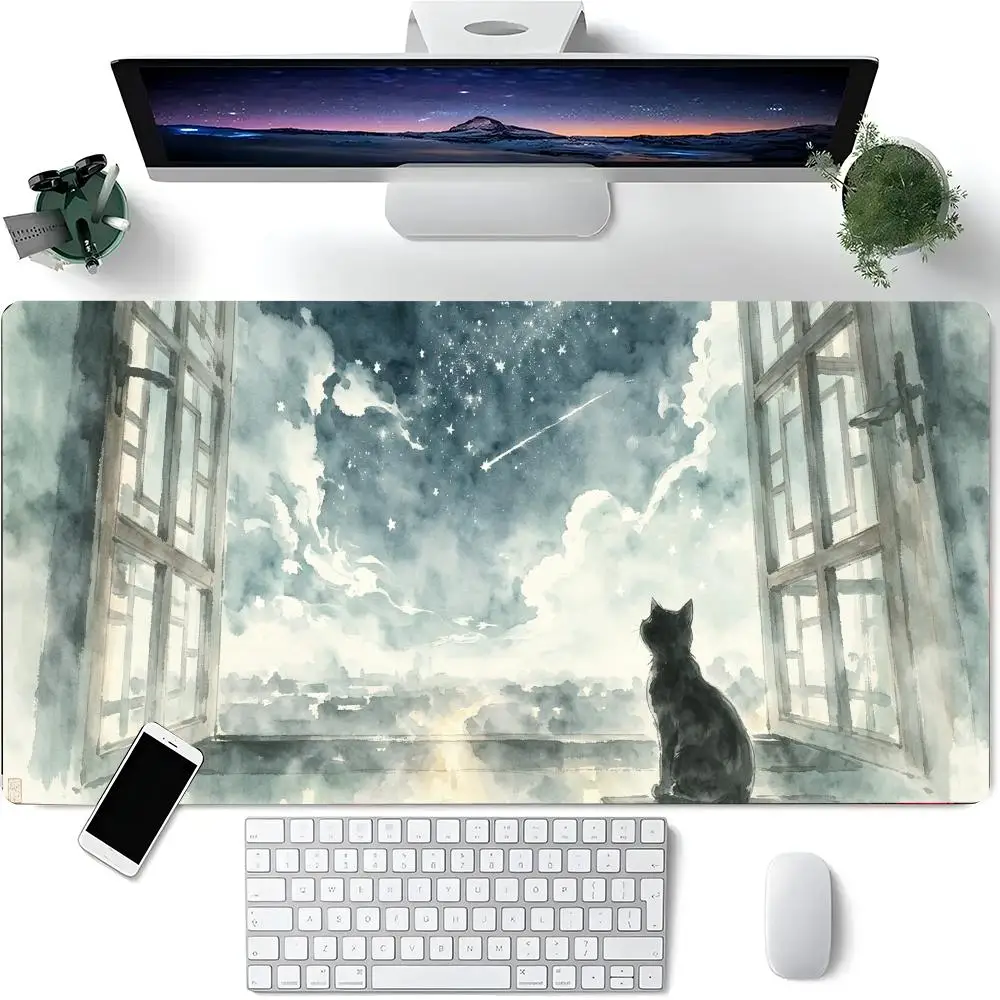 Aesthetic Watercolor Black Cat Starry Meteor Night View Large Mousepad Non Slip Rubber Keyboard Mat for Gaming Desktop