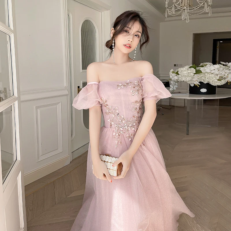 New Tulle Bridesmaid Dress Appliques Pink Elegatn Lace Up Off The Shoulder Long Wedding Guest Vestido de fiesta de boda