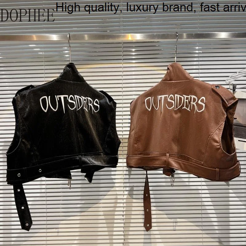 Autumn 2023 New Fashion Letter Embroidery Motorcycle Jacket Streetwear Sleeveless Vests Coat Crop Matte Leather Outwear