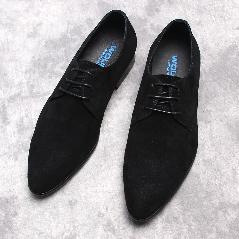 Luxury Suede Men Genuine Cow Leather oxford Shoes Pointed Toe Black Blue Formal Dress Mens Wedding Lace Up Office Shoes For Men