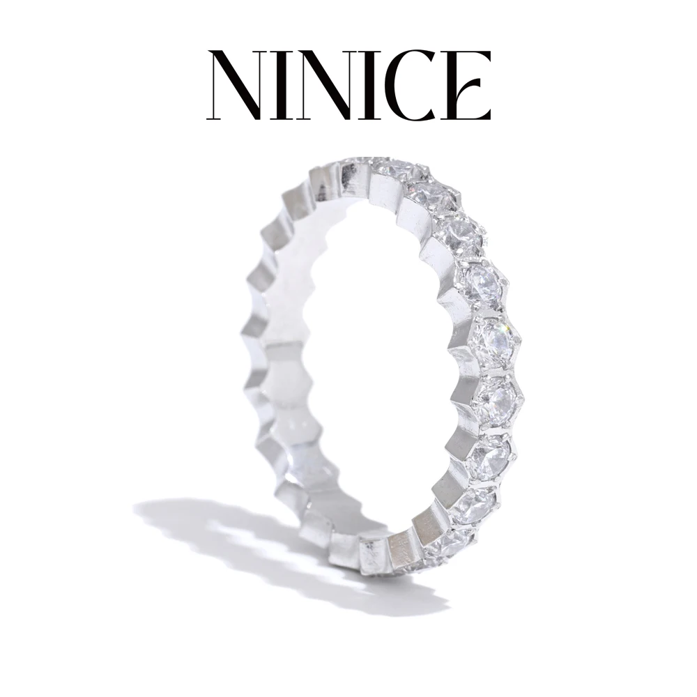 NiNice High Quality Inlaid Cubic Zirconia Classic Thin Ring Exquisite Stainless Steel Luxury Wedding Jewelry Party Gift