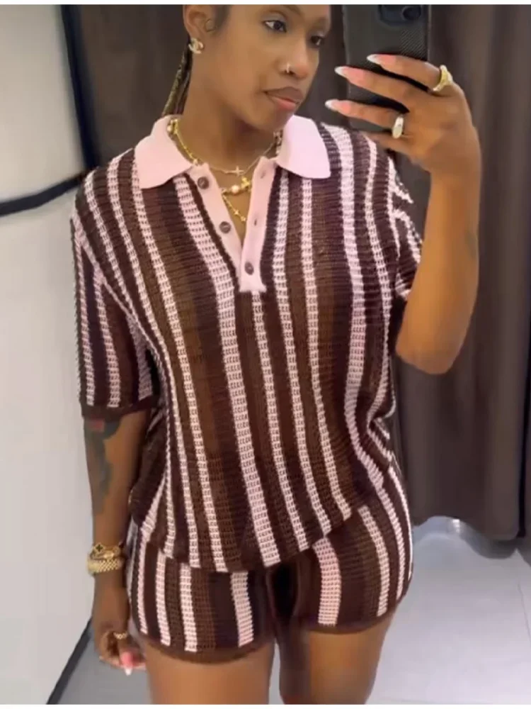 

Women Stripe Knit Short Pants Suit Casual Short Sleeve Hollow Out Lapel Button T-shirt 2 Piece Set Summer Lady Beach Outfit