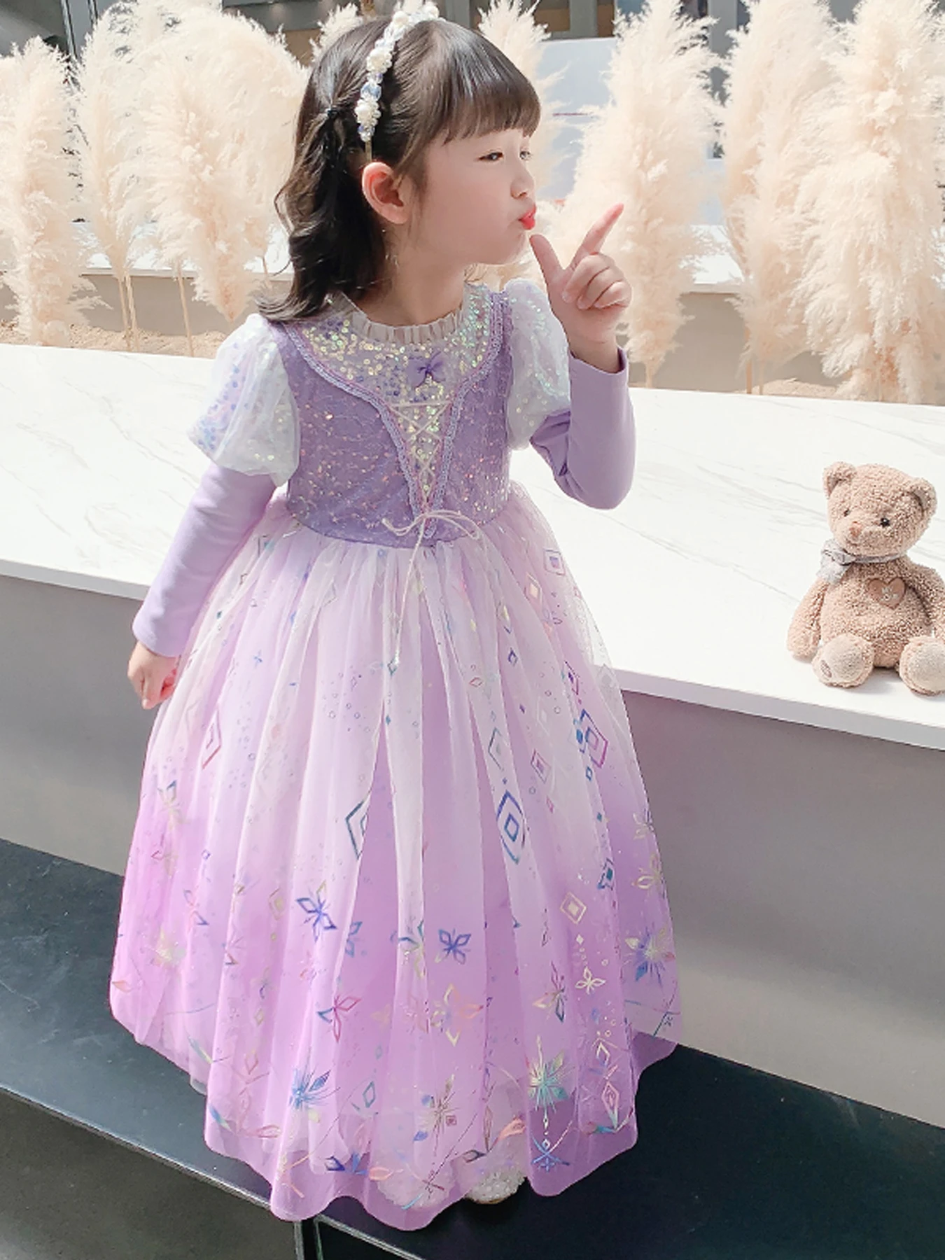 Hot sale new style girls princess dress, round neck, long sleeves, sequins, floral mesh dress, stage performance, party, banquet