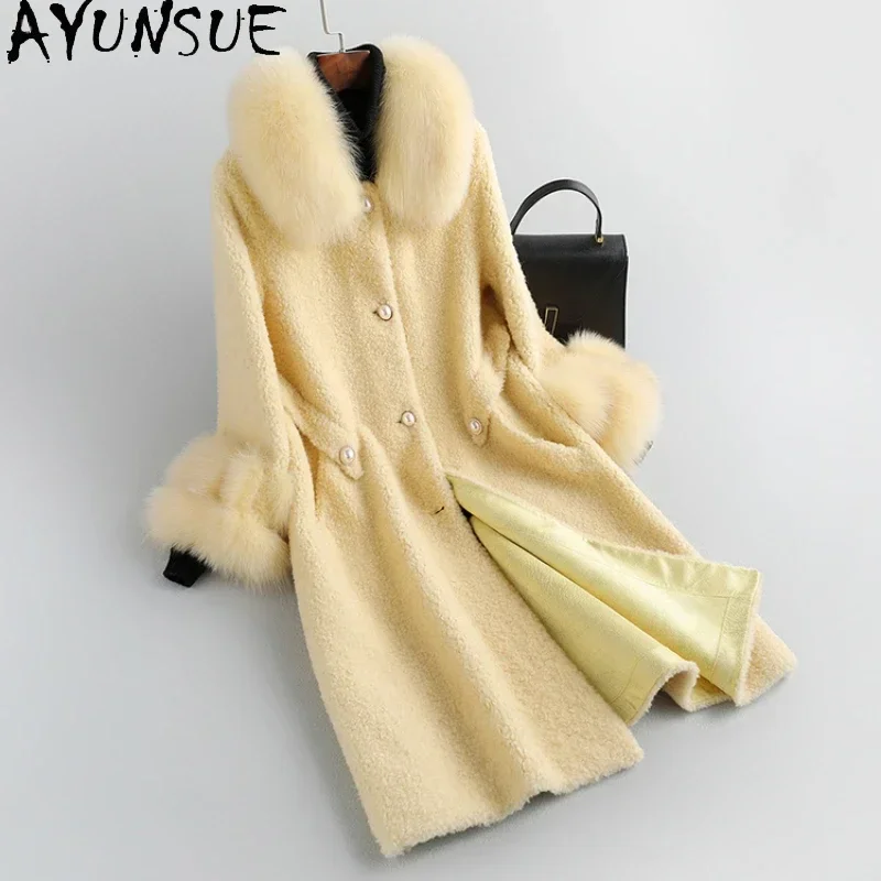 

AYUNSUE High Quality Sheep Shearing Jacket for Women Elegant Winter Fur Coat Medium 100% Wool Coats Luxury Fox Fur Collar/cuffs