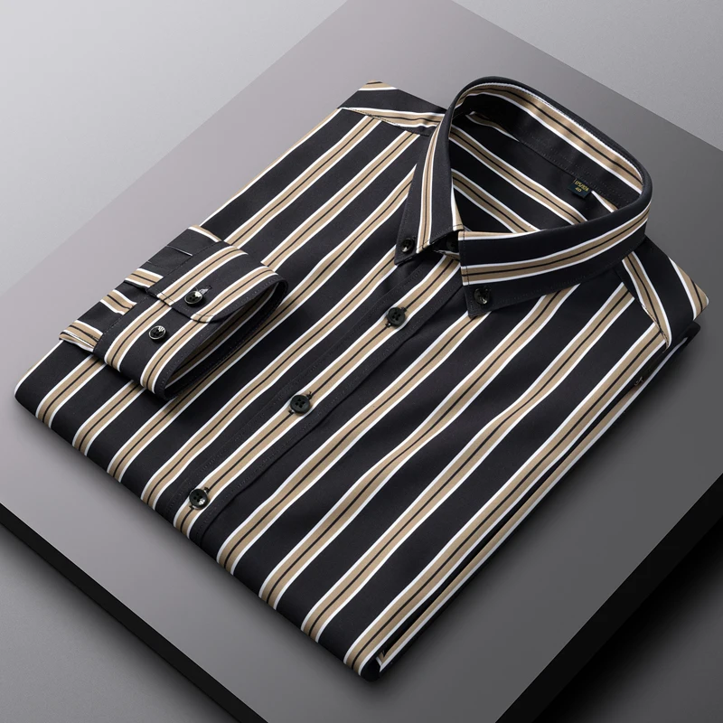 New in shirt striped elastic thin Long-sleeve shirts for men slim fit formal plain shirt casual anti-wrinkle office clothes