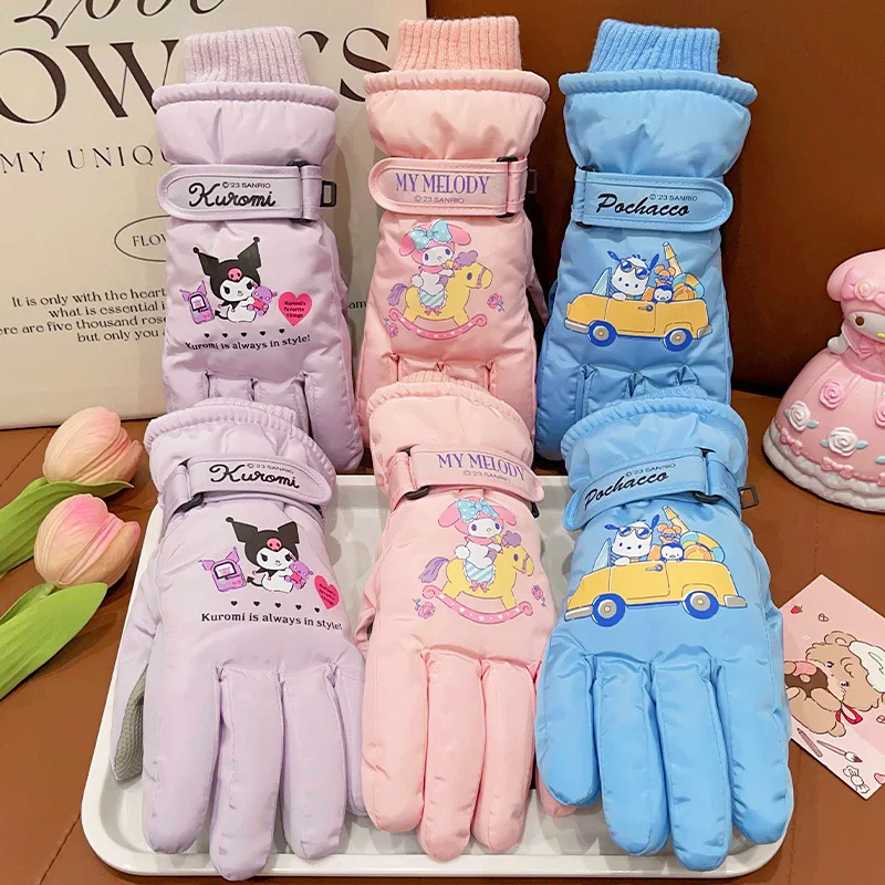 Sanrio Ski Gloves Hello Kitty Kuromi Children's Winter Thickened Warm Coldproof Outdoor Playing Snow Gloves for 6-12 Years Old