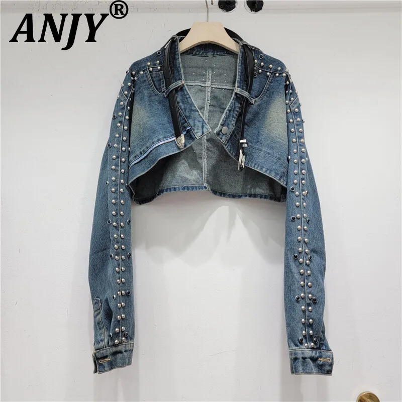 

ANJY Autumn Winter New Women Fashion Heavy Beaded Decoration Sweet Hot Girl Denim Jacket Streetwear Chic Trend Shawl Coat A16935