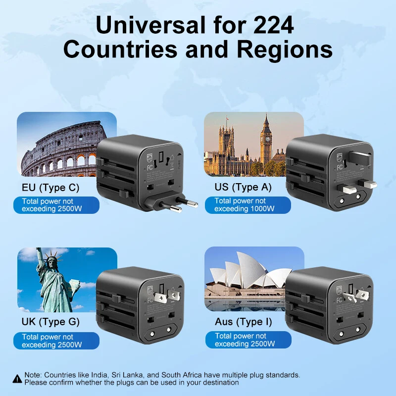 Adaptateur de voyage universel Philips, chargeur de voyage universel 4-en-1 US/UE/Royaume-Uni/Australie, prise et adaptateur de voyage multi-pays